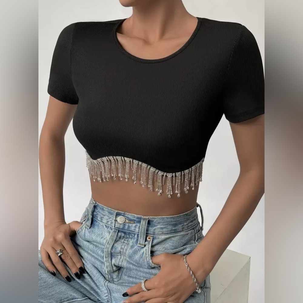 SHEIN Black Silver Embellished Crop Tee
